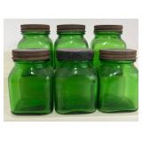 LOT of Vintage Green Glass Jars with Lids 6 pieces