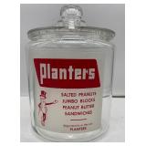 Vintage Planters Peanuts Glass Counter Jar and Lid Red and White Label Mr. Peanut 1950
