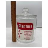 Vintage Planters Peanuts Glass Counter Jar and Lid Red and White Label Mr. Peanut 1950