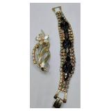 Iridescent Aurora Borealis Rhinestones and Black Stone Bracelet and Brooch