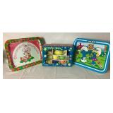 Vintage Ceramic Festive Ware Schylling Childrens Tea Set with Strawberry Shortcake and Smurfs Metal Tray Tables