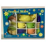 Vintage Ceramic Festive Ware Schylling Childrens Tea Set with Strawberry Shortcake and Smurfs Metal Tray Tables