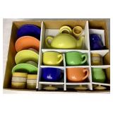 Vintage Ceramic Festive Ware Schylling Childrens Tea Set with Strawberry Shortcake and Smurfs Metal Tray Tables