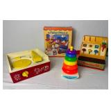 Vintage Fisher Price Toys #627 Rock-A-Stack, Music Box Record Player, Baking Fun and Cash Register
