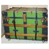 Antique Cedar Steamer Truck with Side Leather Handles and Front Straps