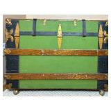 Antique Cedar Steamer Truck with Side Leather Handles and Front Straps