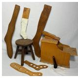 Vintage Wooden Sock Stretchers with Wooden Shoe Shine Box and Stool