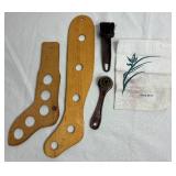 Vintage Wooden Sock Stretchers with Wooden Shoe Shine Box and Stool
