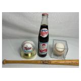 Minnesota Twins Bundle of Autographed Team Baseball, Bert Blyleven Autographed Baseball, Gary Gaetti Mini Baseball Bat and Rod Carew 10 oz Coke Bottle