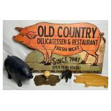 Primitive Pig Bundle - Cast Iron Piggy Bank , Bacon Press, Old Country Delicatessen & Restaurant Sign (30" W) and 11.5" Black Pig Sculpture