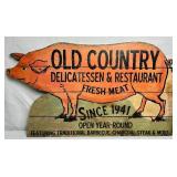 Primitive Pig Bundle - Cast Iron Piggy Bank , Bacon Press, Old Country Delicatessen & Restaurant Sign (30" W) and 11.5" Black Pig Sculpture