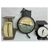 Collection of Scales- One Foreign Letter Scale, One Precision Postal Scale and one Decorative Hill Farms Feed Grain Hanging Scale