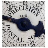 Collection of Scales- One Foreign Letter Scale, One Precision Postal Scale and one Decorative Hill Farms Feed Grain Hanging Scale