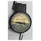 Collection of Scales- One Foreign Letter Scale, One Precision Postal Scale and one Decorative Hill Farms Feed Grain Hanging Scale