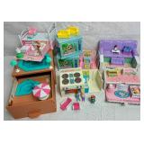 Vintage Lewis Galoob Miniature Dollhouse Playsets- Secrets Places Pool in a Hot Tub, Living Room in a Sofa, Family Room in a TV, Kitchen in a Stove, Nursery in a Crib, and Bedroom in a Bed