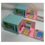Vintage Lewis Galoob Miniature Dollhouse Playsets- Secrets Places Pool in a Hot Tub, Living Room in a Sofa, Family Room in a TV, Kitchen in a Stove, Nursery in a Crib, and Bedroom in a Bed
