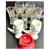 Tuborg Beer Collection - Drinking Horn Steins, Gold Rimmed Beer Glasses, Plastic Ashtray and Goblets