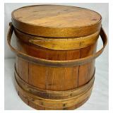 Antiique Firken Wooden Sugar Bucket, Primitive Wooden Bucket  and Early American Wood Firkin Sewing Box