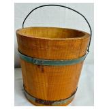 Antiique Firken Wooden Sugar Bucket, Primitive Wooden Bucket  and Early American Wood Firkin Sewing Box