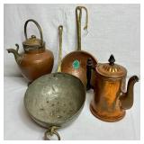 Copper Collection - Vintage Copper Teapot, Copper Pitcher, Copper Straining Dipper and Hammered Copper Ladle Bowl