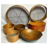 Primitive Wooden Sieve/Sifters, Wooden Bowl and Cast Bowl