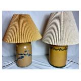 American Salt Glazed Cobalt Blue Bird Stoneware Crock Lamp and Rovland Stoneware Lamp