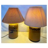 American Salt Glazed Cobalt Blue Bird Stoneware Crock Lamp and Rovland Stoneware Lamp