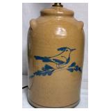 American Salt Glazed Cobalt Blue Bird Stoneware Crock Lamp and Rovland Stoneware Lamp