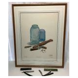Limited Edition Art Print by C. Don Ensor "Jars and Knives"  198/500 Signed/Framed plus Vintage Straight Razors with Original Boxes
