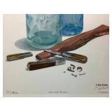 Limited Edition Art Print by C. Don Ensor "Jars and Knives"  198/500 Signed/Framed plus Vintage Straight Razors with Original Boxes