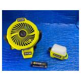 Ryobi Light and fan and battery -New , open box , no charging cord