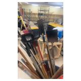 Bulk Lot of Lawn and Garden Tools in Rubbermaid Brute Can