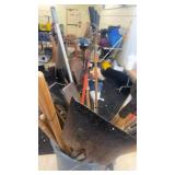 Bulk Lot of Lawn and Garden Tools in Rubbermaid Brute Can