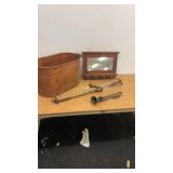 Antique Farmhouse Decor Lot with Metal Tub, Wall Mirror, and Primitive Tools