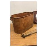 Antique Farmhouse Decor Lot with Metal Tub, Wall Mirror, and Primitive Tools