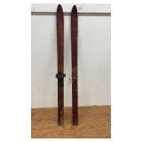 Pair of Vintage Wooden Skis with Metal Foot Bindings
