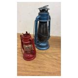 Collection of 5 Vintage Metal Lanterns Including Kamp Lite and Assorted Red and Blue Lanterns