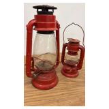 Collection of 5 Vintage Metal Lanterns Including Kamp Lite and Assorted Red and Blue Lanterns