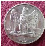 1927 Italy Silver 5 Lire Coin
