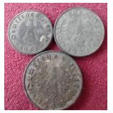 (3) WW2 German Third Reich Coins - 1/5/10 Pfennig