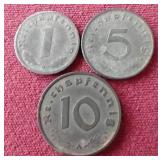 (3) WW2 German Third Reich Coins - 1/5/10 Pfennig