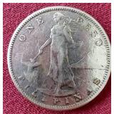 1909 Philippines Silver 1 Peso Coin