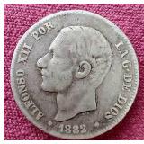 1882 Spain Silver 2 Pesetas Coin