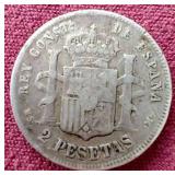 1882 Spain Silver 2 Pesetas Coin