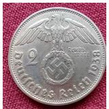 1938 German Third Reich Silver 2 Marks Coin