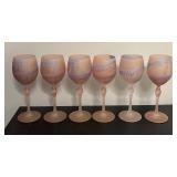 O - Set of 6 Frosted Art Glass Wine Goblets with Purple Drip Design