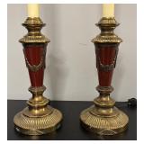 O - Pair of Tall Brass Table Lamps with Red Accents