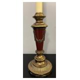 O - Pair of Tall Brass Table Lamps with Red Accents