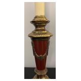 O - Pair of Tall Brass Table Lamps with Red Accents