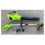 G - Greenworks Cordless String Trimmer and Axial Blower Set with 1 Battery and 1 Charger